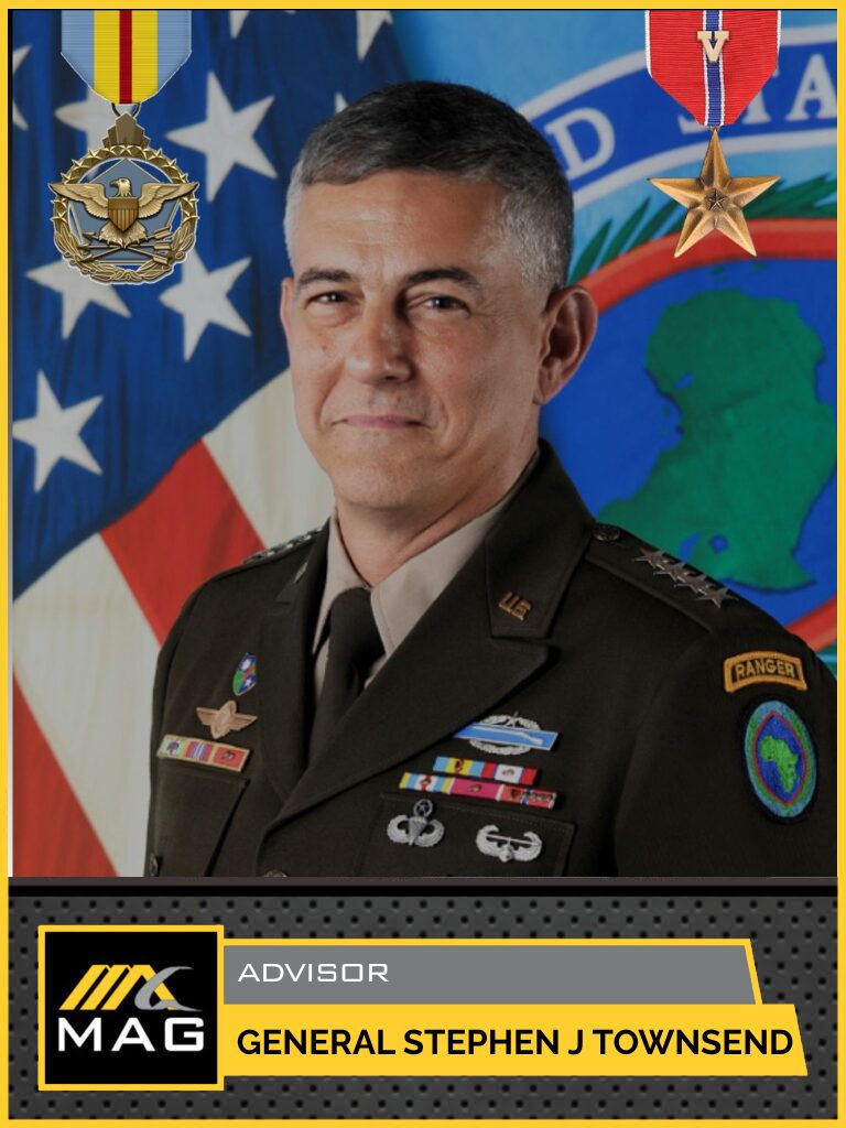 Portrait of a US Army general in dress uniform with ribbons in front of flags MAG Advisor banner naming General Stephen J Townsend