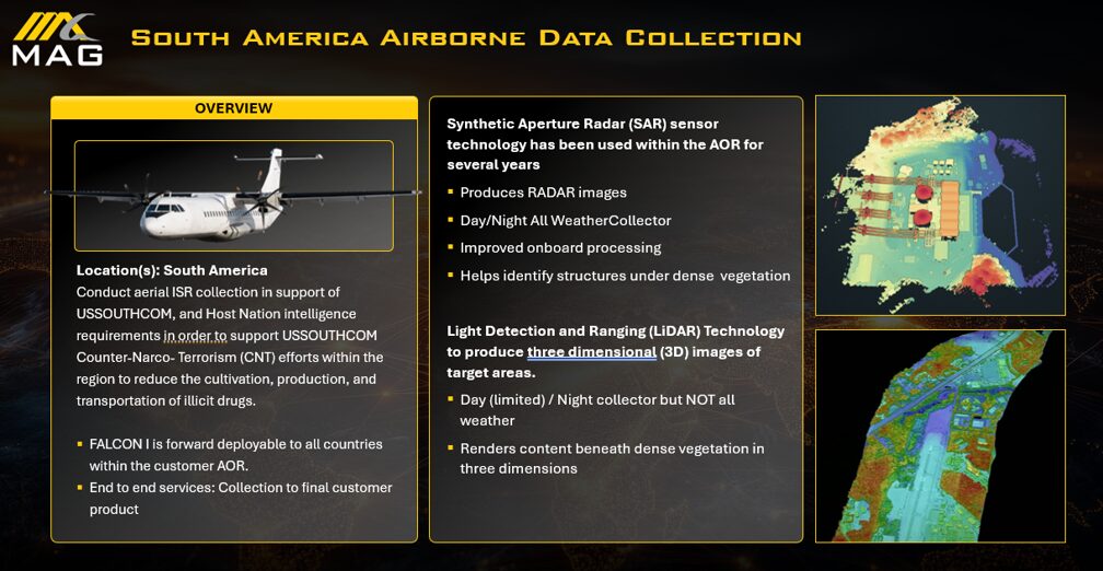 gaegg | MAG Aerospace South America Airborne Data Collection presentation aircraft image left three text panels in center and two map visuals on the right