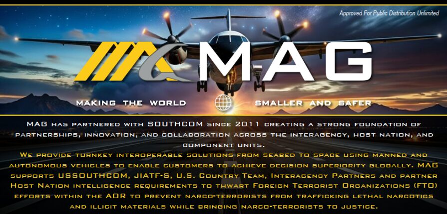 gaerg | MAG Aerospace Promotional MAG banner showing a military aircraft in a blue sunset sky the MAG logo and slogan Making the World Smaller and Safer plus dense yellow text describing partnerships and capabilities