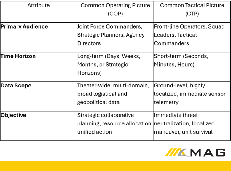 Comparison table Attribute COP vs CTP with rows for Primary Audience Time Horizon Data Scope Objective MAG logo bottom right