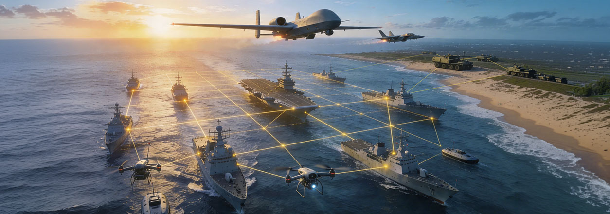 Naval fleet at sea with ships drones and aircraft overhead forming a glowing network at sunset